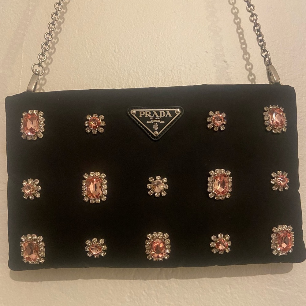 Prada pink/clear crystal nylon cross body bag.